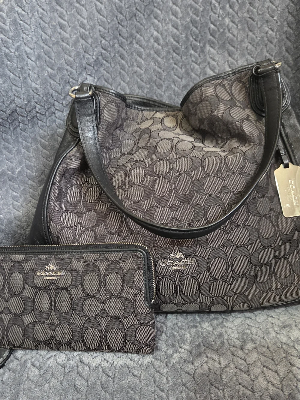 VTG Coach Edie 31 Signature Jacquard Shoulder Bag & Matching Wallet Smoke Black